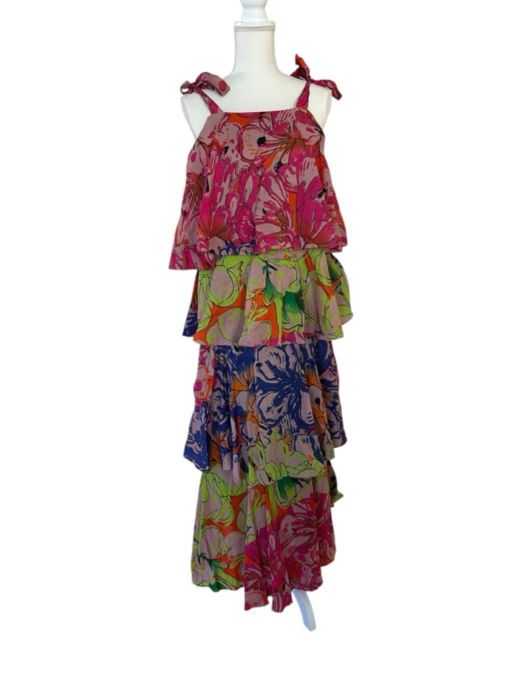 Tiered Floral Maxi Dress in Bright Pink & Multicolor